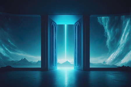 a blue light filled, futuristic horizon backdropの素材