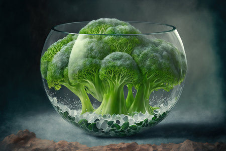 a bowl of raw broccoli in glassの素材