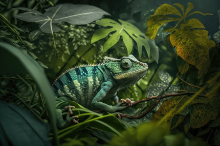 A chameleon amidst lush, verdant vegetationの素材