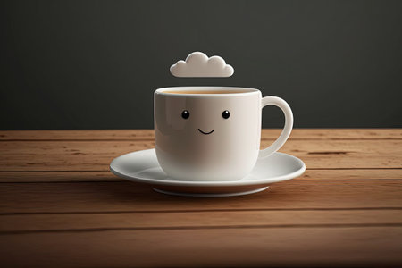 A coffee mug and saucer sit atop a wooden table. A gloomy backdropの素材