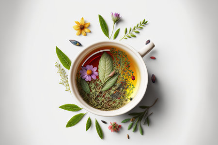 A cup of herbal tea is artistically arranged against a white background. looking upの素材