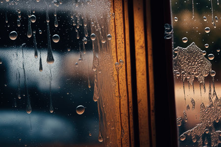 A close up of condensation on a window with two panes of glassの素材