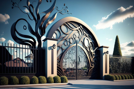 A contemporary metal fence encircles the homeの素材