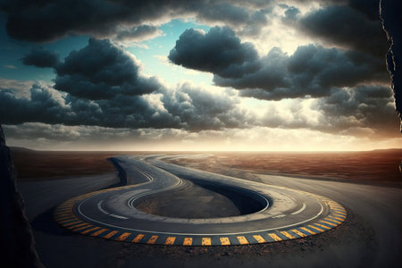 a circuit of asphalt road, clouds in the sky, and brakes on a carの素材