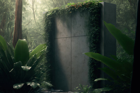 A concrete podium with a living wall is located in a tropical forestの素材
