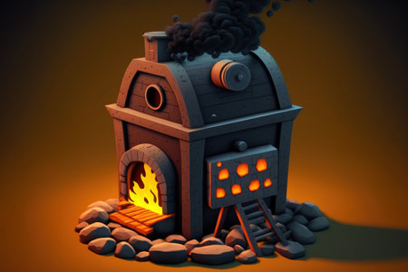A close up of a coal stove spews thick smoke. The oven is burning woodの素材