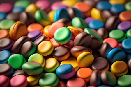 A close up of a cluster of candies with rainbow chocolate coatingの素材