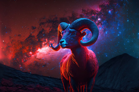 A crimson and blue night sky serves as a backdrop for the aries zodiac signの素材