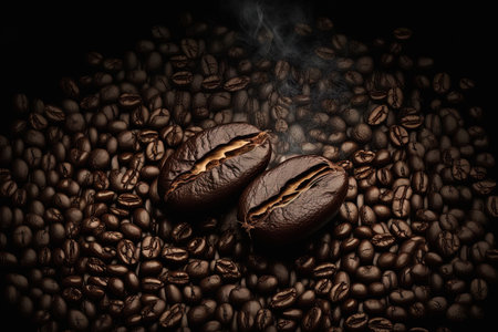 a dark background with coffee beansの素材