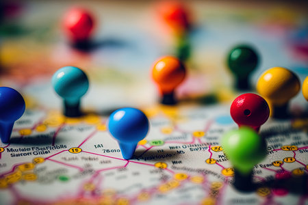 a close up of a map with trip destination pinsの素材