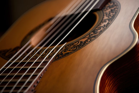 A close up of the strings of a classical guitarの素材