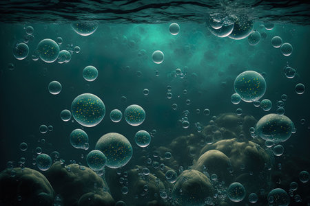 a dark backdrop with underwater oxygen bubblesの素材