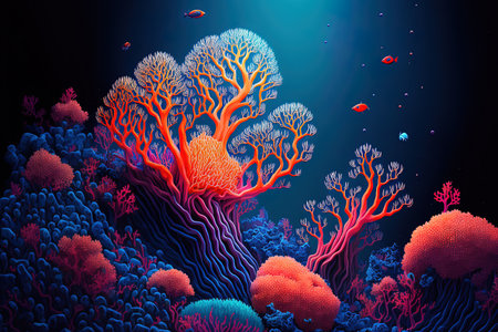 a coral reef underwater, coral polyps, and a blue backdropの素材