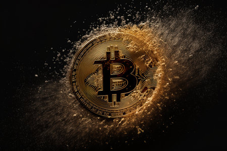 A gold Bitcoin hovers in midair on a dark backgroundの素材