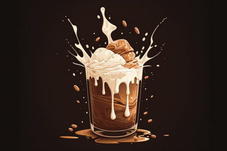 A glass of iced coffee and cream are being poured into it, over a dark backgroundの素材
