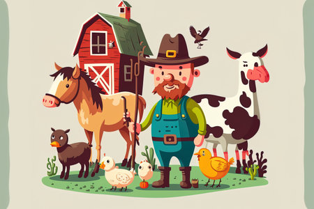 a farmer and several farm animalsの素材