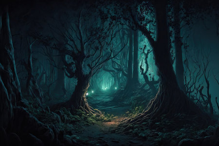a fantasy scene with a dark forest panoramaの素材