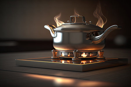 A Stainless Steel Saucepan Sits Atop A Flaming Electric Stove Burnerの素材