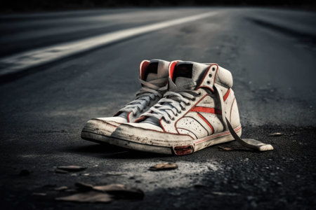 A Pair of Classic, White, Vintage Skate Shoes, Laid Out on the Asphalt Streetの素材