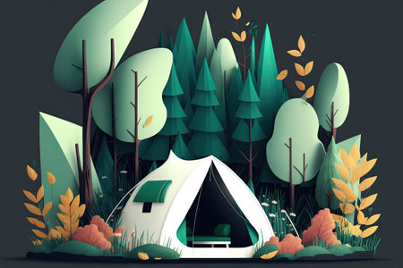 A solitary tent in the fall foliage of a woodland. Wilderness solitudeの素材