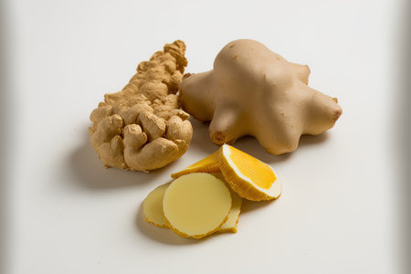 A white backdrop with fresh ginger depicts a medicinal herbの素材