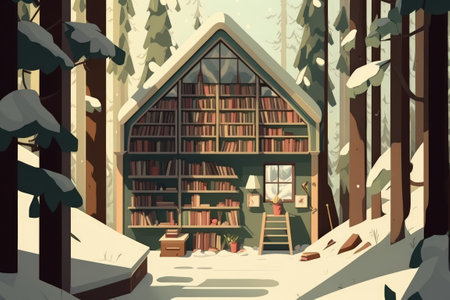 A library in the basement. snow covered trees and windowsの素材