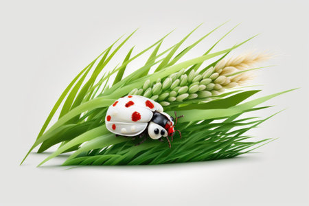 A ladybug in the grass, grazing on some unprocessed cerealの素材