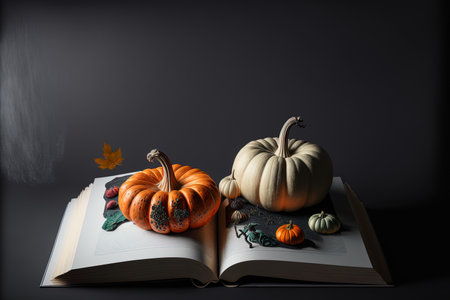 An open picture book is shown in a book mockup with pumpkins on a dark backdropの素材