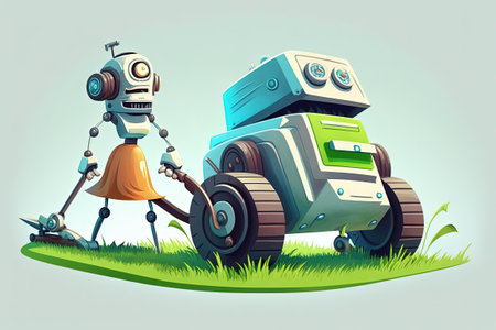 A robot with a lawnmower on the front mows a hillsideの素材