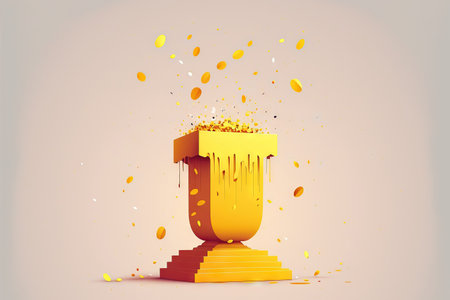 A lovely podium is covered in golden confetti. On a pedestal, falling streamersの素材