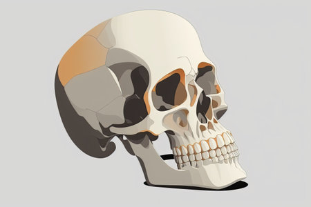 An exposed human skull with an open jaw in front, against a white backgroundの素材