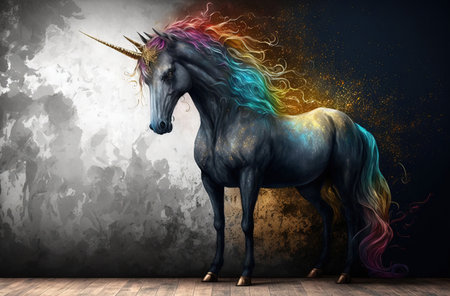 Ancient unicorn with a rainbow of colors. broad copy space in a panoramic designの素材