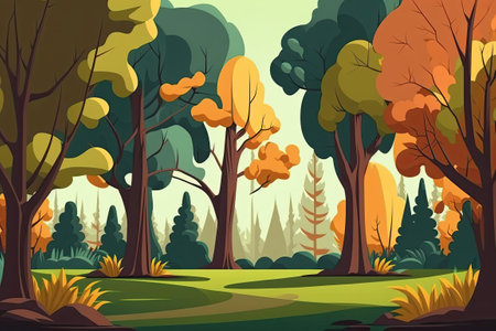 Background of trees in a cartoon autumn landscape, illustrationの素材
