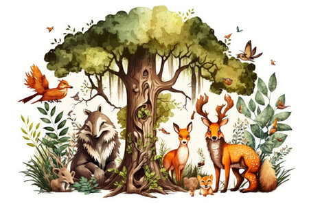 a mural wallpaper of a forest with animalsの素材