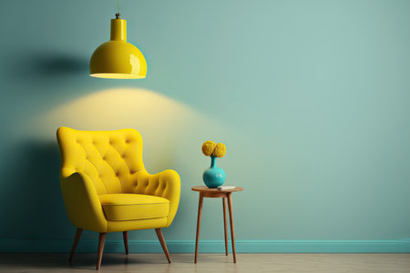 a living room with a wooden table and a yellow chair against a light blue empty wallの素材