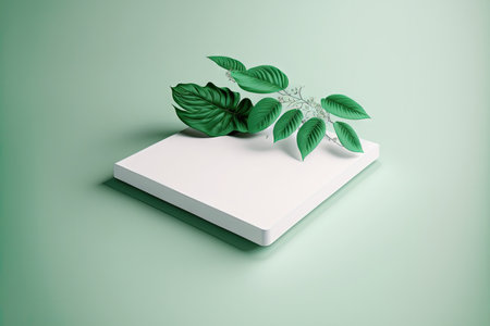 a white platform with green leaves for displaying productsの素材