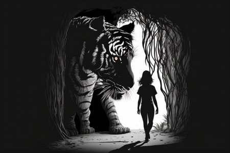a young Sumatran tiger emerges from the shadowsの素材