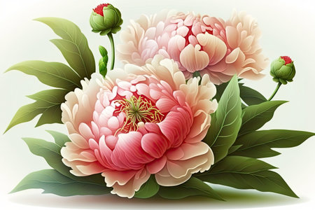 Beautiful pink peony blossoms float in the air on a white backgroundの素材