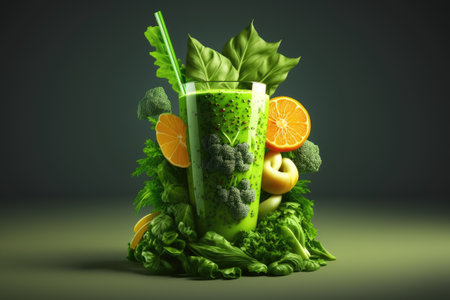 Blended fruit and veggies make a green, healthful smoothieの素材