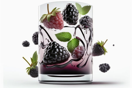 Blackberry smoothie in a glass, with a white background as a separate elementの素材