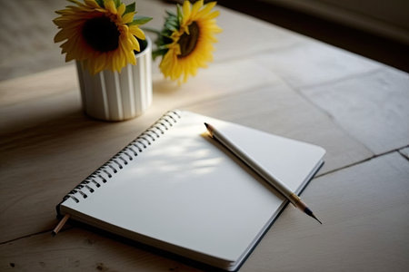 blank calendar planner notebook with pencil on wood table with sunlightの素材