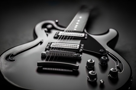 black electric guitar in closeup against a shadowy backgroundの素材