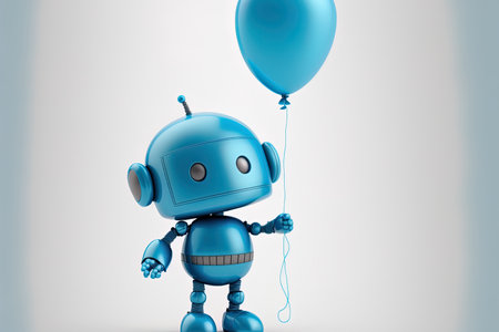 Blue balloon held by a cute robot, isolated on a white backgroundの素材
