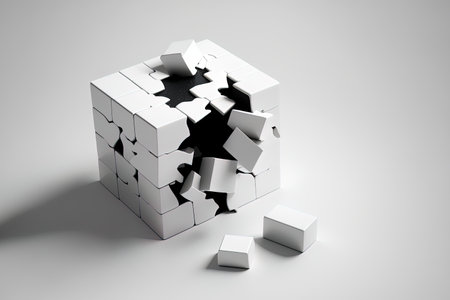 Broken puzzle cube on a white backdropの素材