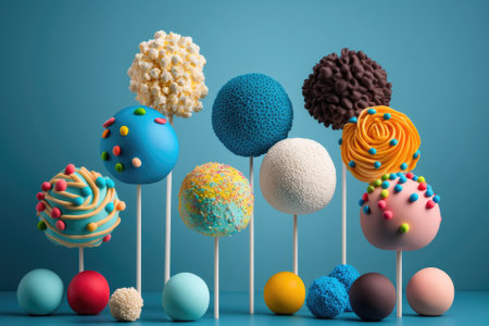 Cake pops in a variety of colors, set against a blue backgroundの素材
