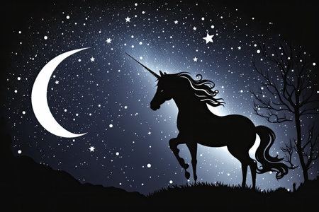 Cartoon Unicorn Silhouette Against a Starry Night Skyの素材