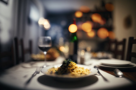 Blurred tabletop against a home cooked mealの素材