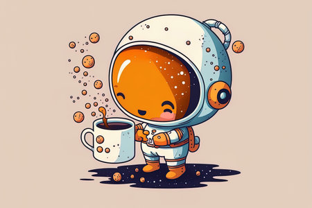 Cartoon artwork of a cute astronaut pouring tea in space, isolatedの素材