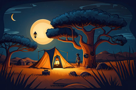 Camping under the African night sky in a tent lit by a lanternの素材