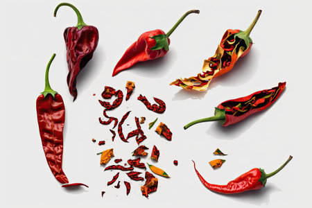 Chili peppers, dried and shown alone on a white backgroundの素材